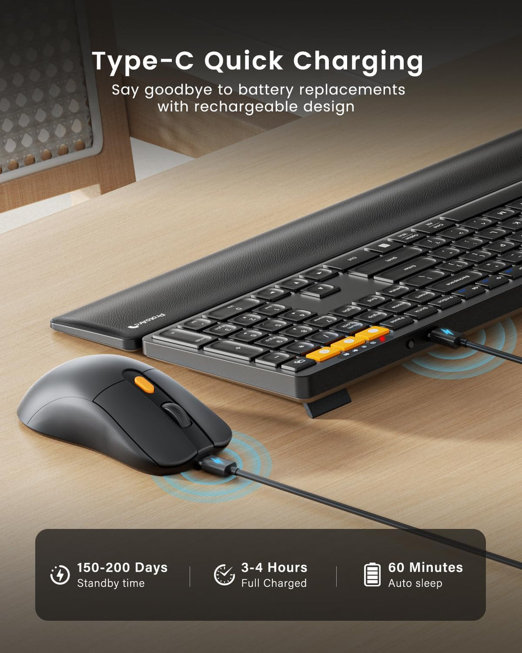 ProtoArc Wireless Bluetooth Keyboard and Mouse Combo, KM60 Multi Device Rechargeable Ergonomic Full Size Keyboard Mouse with Wrist Rest Sleek Design for Laptop, Computer, Mac, MacBook, Windows, Black