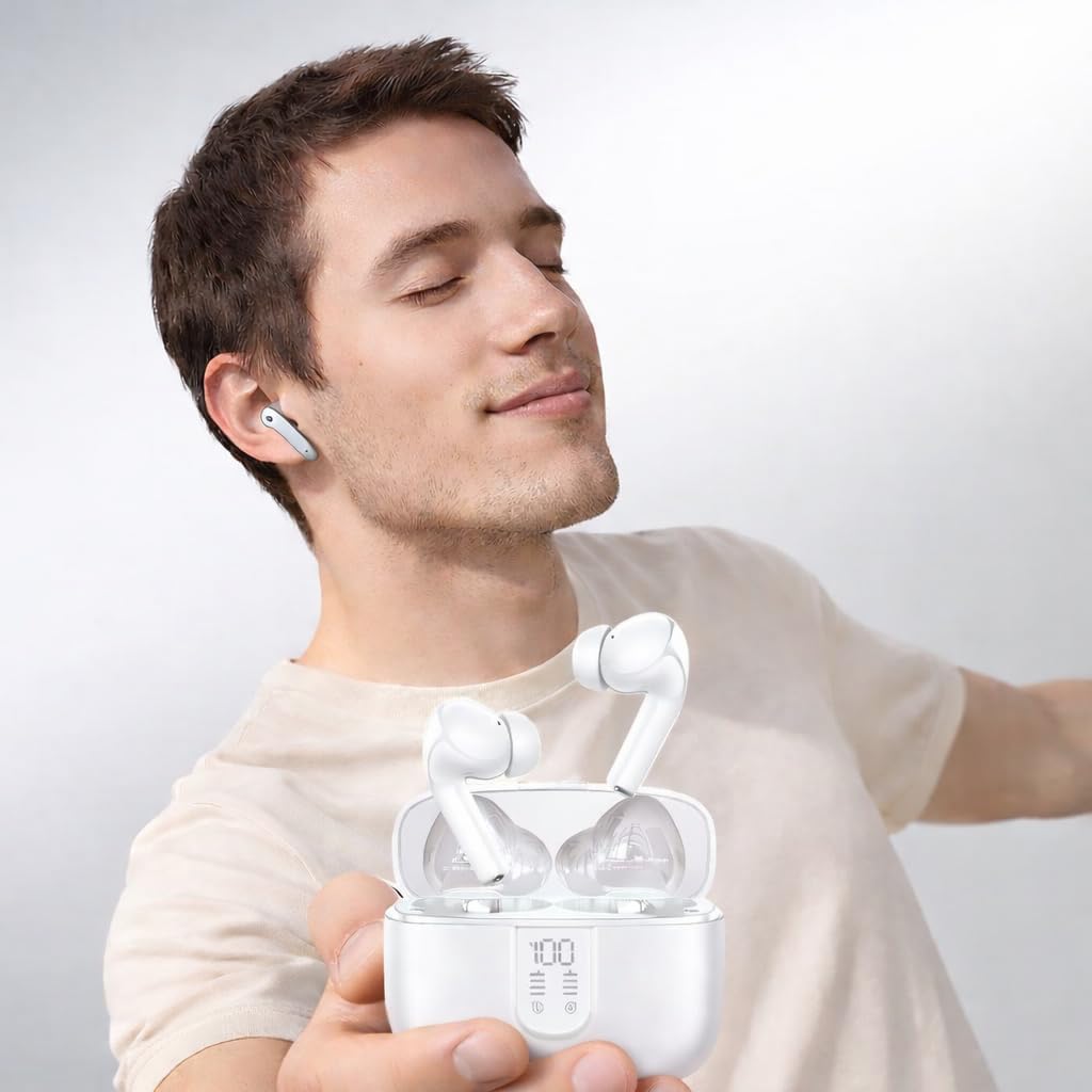 LEVO Wireless Earbuds, Hybrid Active Noise Cancellation, Bluetooth 5.3, Clear Call Microphones, USB-C Charging Case, White – Work from Home