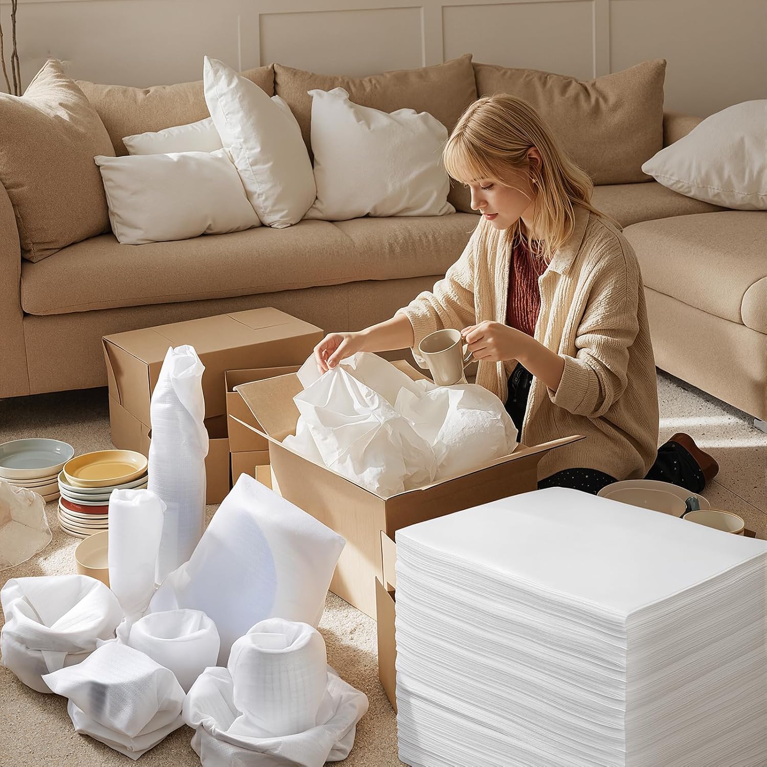 200PCS Dish Packing Supplies for Moving, 4 Sizes (16"x12", 12"x12", 12"x7.8", 7.8"x7.8") Cushion Foam Pouches for Moving, Shipping and Storage, Moving Supplies for Fragile Items, Packing Material Kit