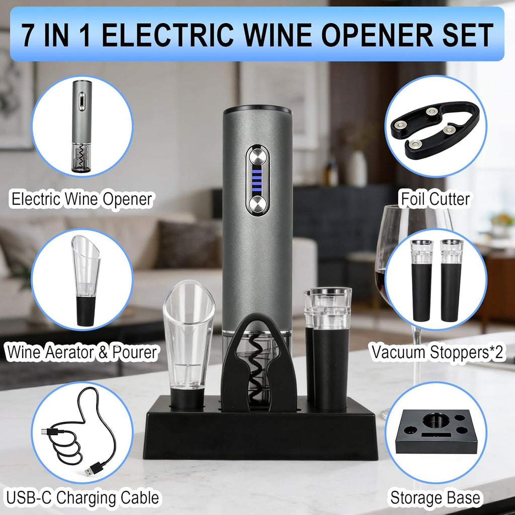 Electric Wine Opener, Automtic Wine Bottle Opener, USB-C Rechargeable Wine Opener Set with Foil Cutter, Wine Aerator Pourer, 2 Vacuum Stoppers and Storage Base