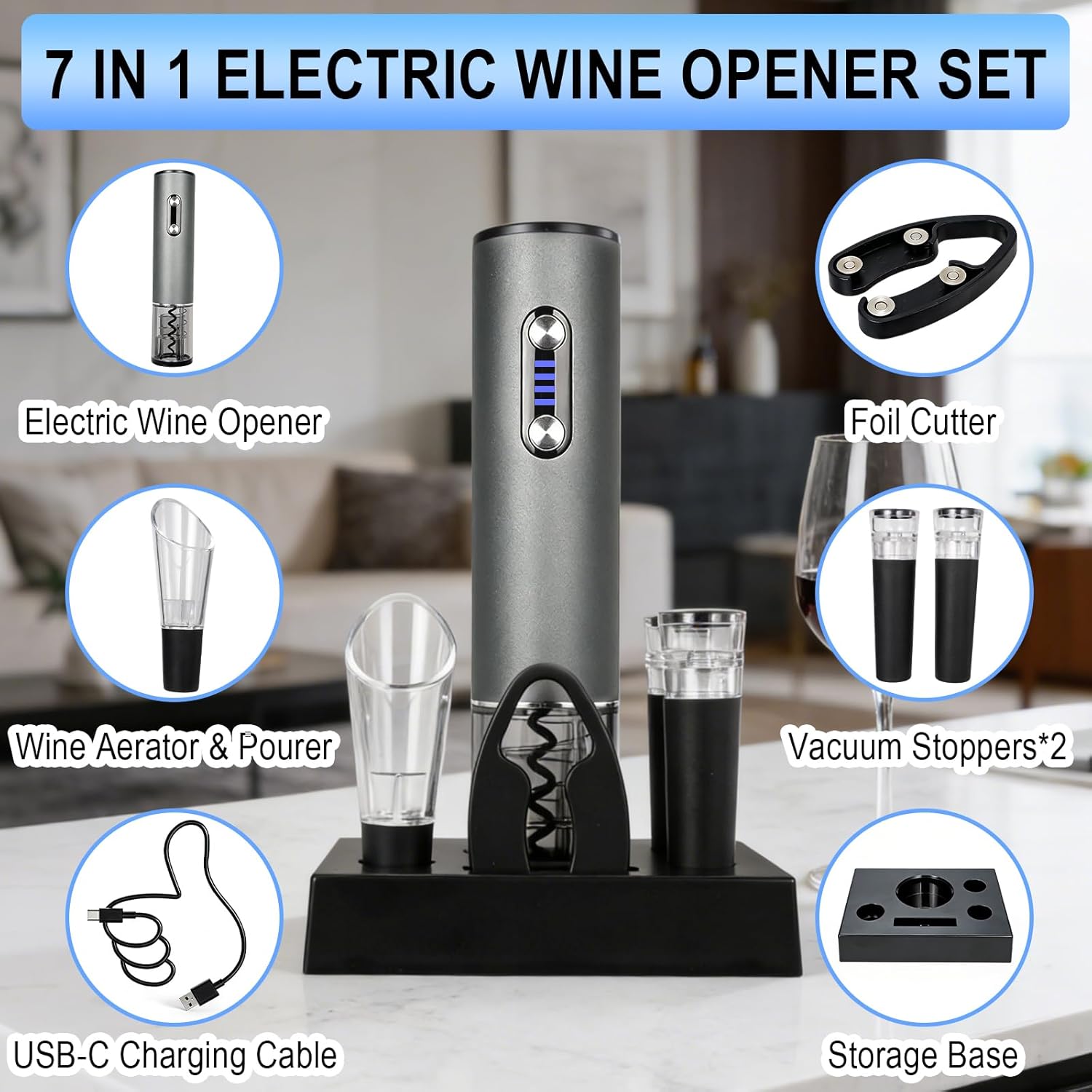 Electric Wine Opener, Automtic Wine Bottle Opener, USB-C Rechargeable Wine Opener Set with Foil Cutter, Wine Aerator Pourer, 2 Vacuum Stoppers and Storage Base