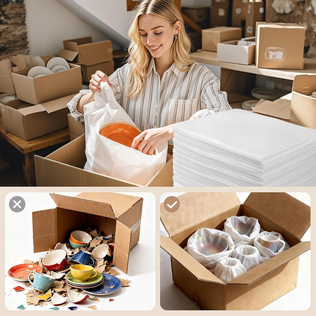 200PCS Dish Packing Supplies for Moving, 4 Sizes (16"x12", 12"x12", 12"x7.8", 7.8"x7.8") Cushion Foam Pouches for Moving, Shipping and Storage, Moving Supplies for Fragile Items, Packing Material Kit
