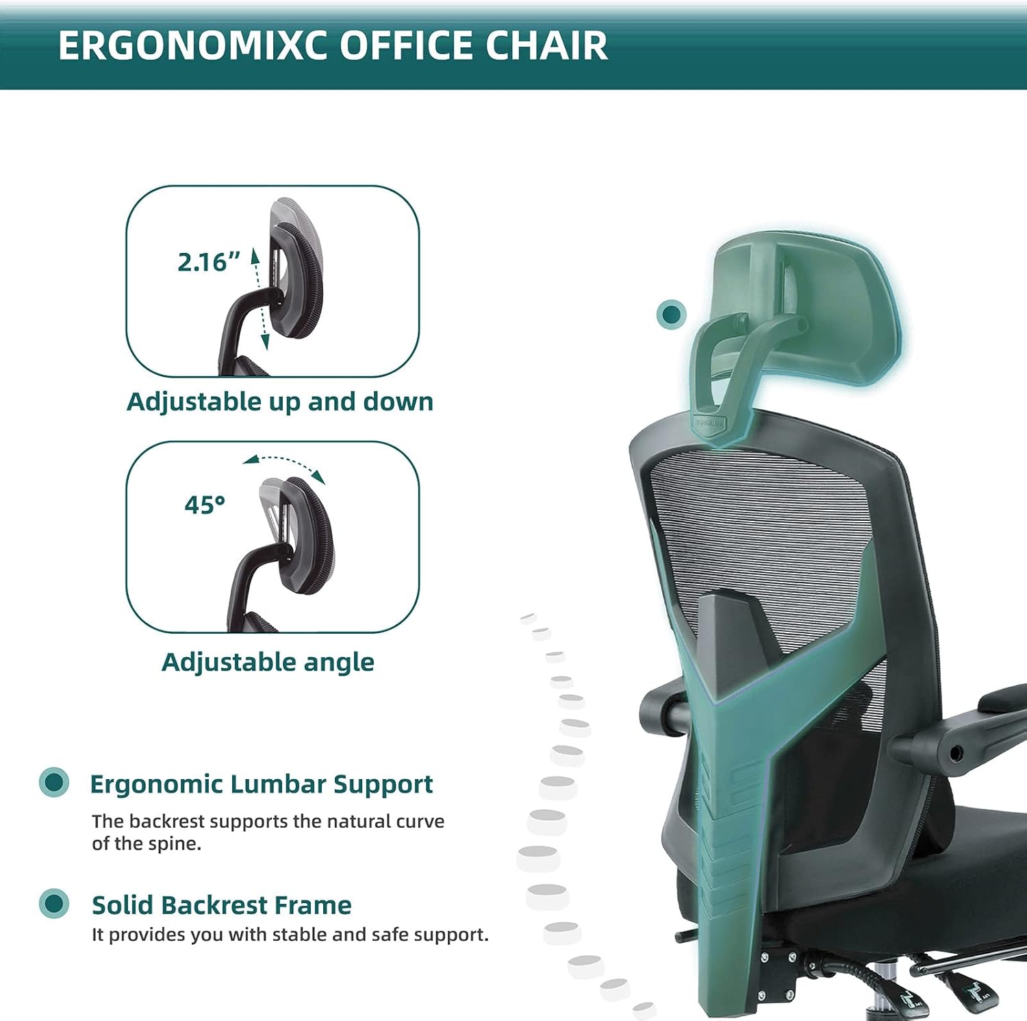 DUMOS Office Desk Computer Chair with Footrest, Ergonomic Mesh Swivel Gaming Chair with Rolling Wheels, Comfortable Headrest, Lumbar Support, Comfy for Home, Office, Task, Student, Inky