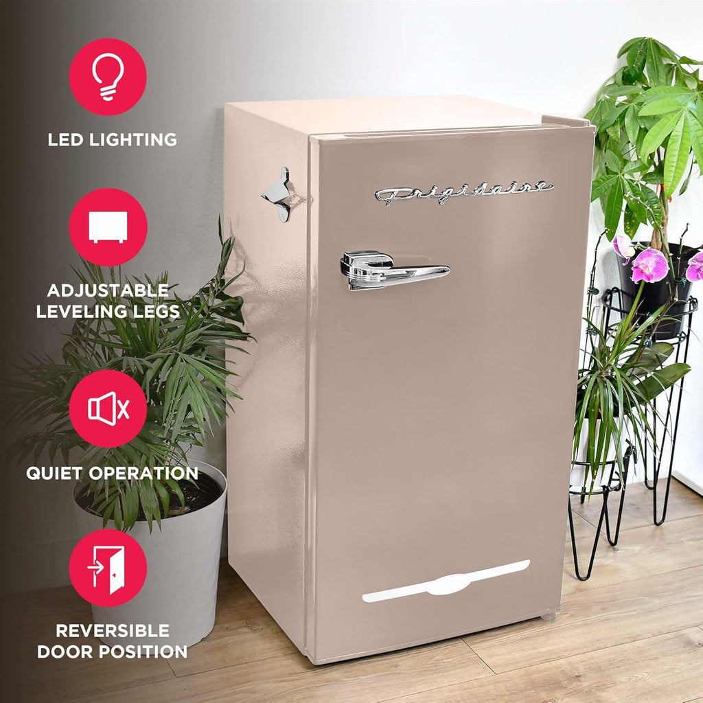 Frigidaire Retro Compact Fridge with Chiller, 3.2 cu ft Countertop Fridge with Built-In Bottle Opener, Compact Refrigerator for Office, Bedroom, Dorm Room or Cabin - 16.5" D x 19" W x 31" H (Coral)